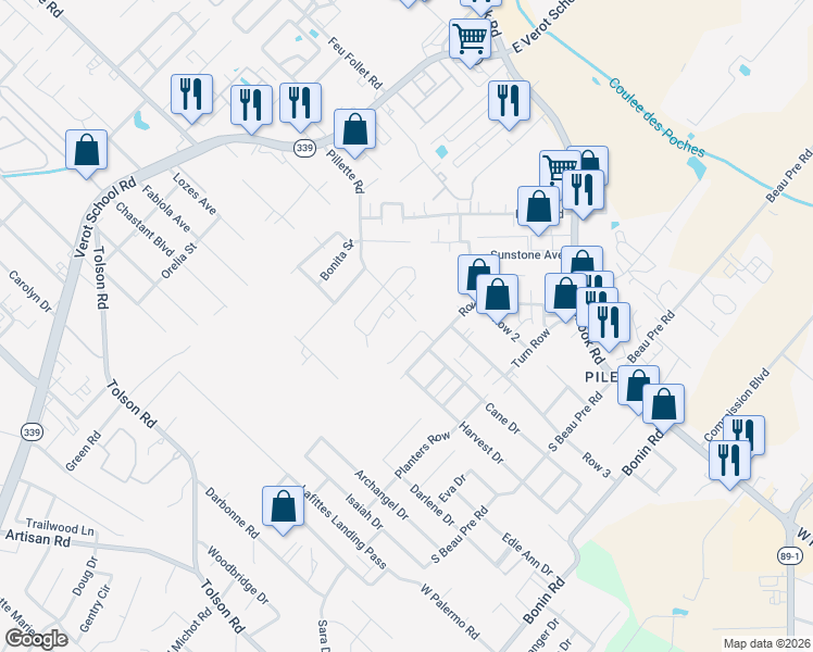 map of restaurants, bars, coffee shops, grocery stores, and more near 100 Cane Ridge Circle in Lafayette