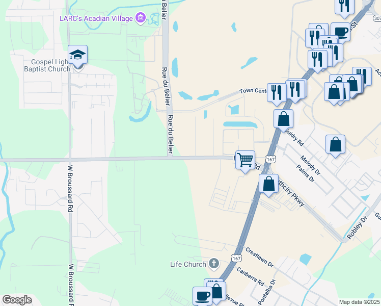 map of restaurants, bars, coffee shops, grocery stores, and more near 224 Duhon Road in Lafayette