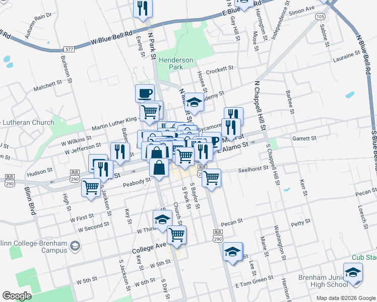 map of restaurants, bars, coffee shops, grocery stores, and more near 201 East Main Street in Brenham