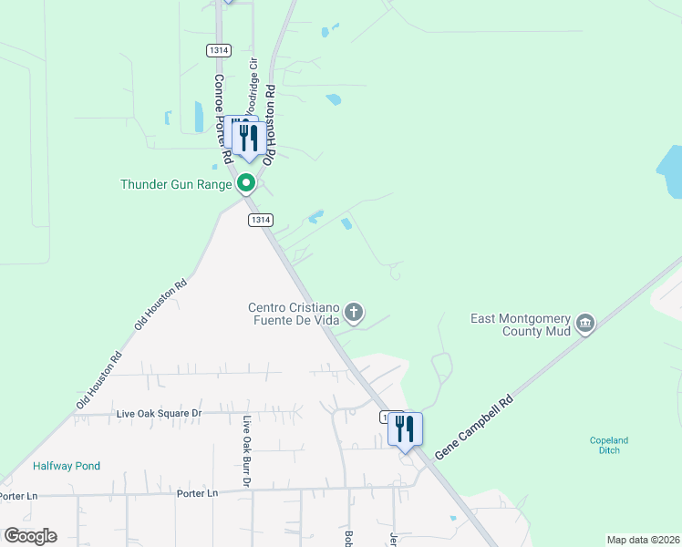 map of restaurants, bars, coffee shops, grocery stores, and more near 19571 Farm to Market Road 1314 in Porter