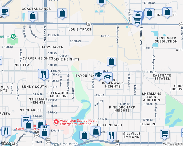 map of restaurants, bars, coffee shops, grocery stores, and more near 1201 East 11th Street in Panama City