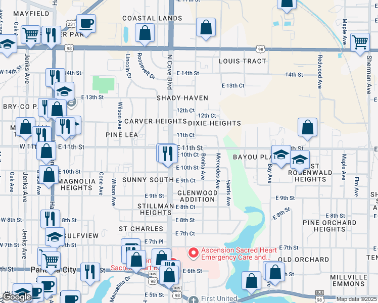 map of restaurants, bars, coffee shops, grocery stores, and more near 819 East 11th Street in Panama City