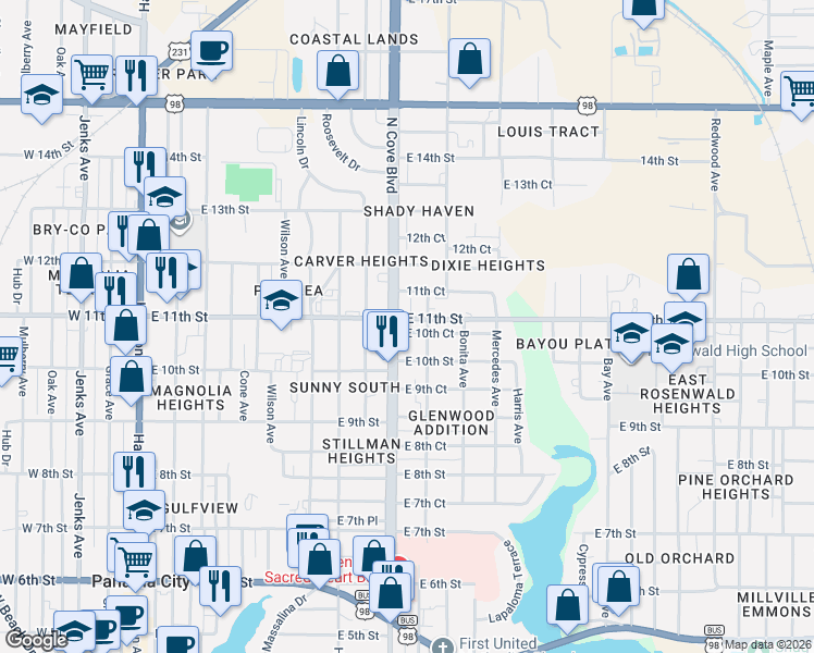 map of restaurants, bars, coffee shops, grocery stores, and more near 1100 North Cove Boulevard in Panama City