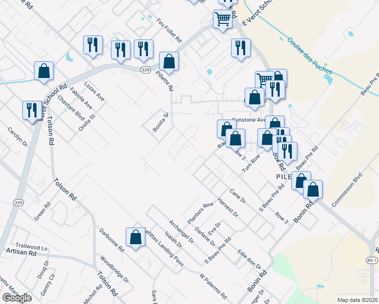 map of restaurants, bars, coffee shops, grocery stores, and more near 312 Vieux Orleans Circle in Lafayette