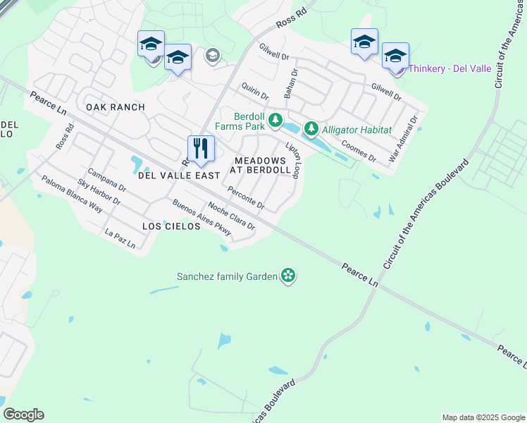 map of restaurants, bars, coffee shops, grocery stores, and more near 5821 Nijmegen Drive in Del Valle