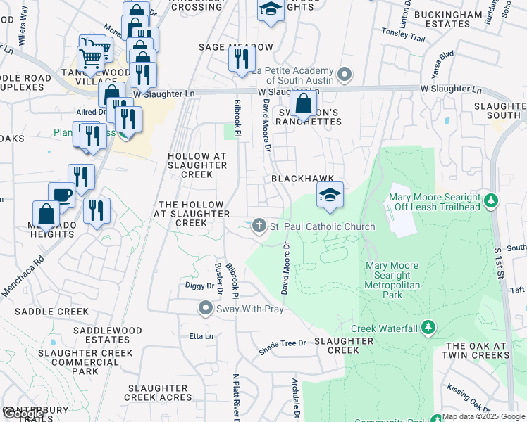 map of restaurants, bars, coffee shops, grocery stores, and more near 9900 David Moore Drive in Austin