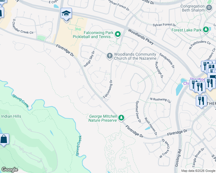 map of restaurants, bars, coffee shops, grocery stores, and more near 17 Sun Shower Court in Spring