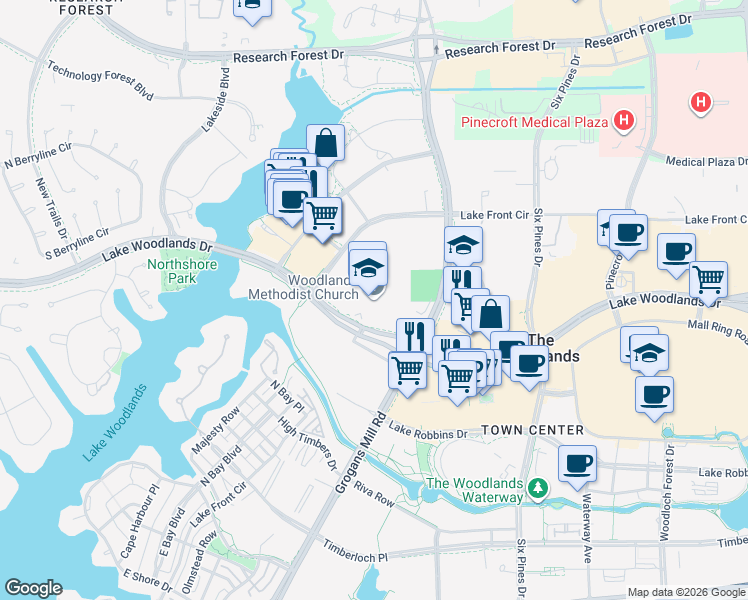 map of restaurants, bars, coffee shops, grocery stores, and more near 2200 Lake Woodlands Drive in The Woodlands