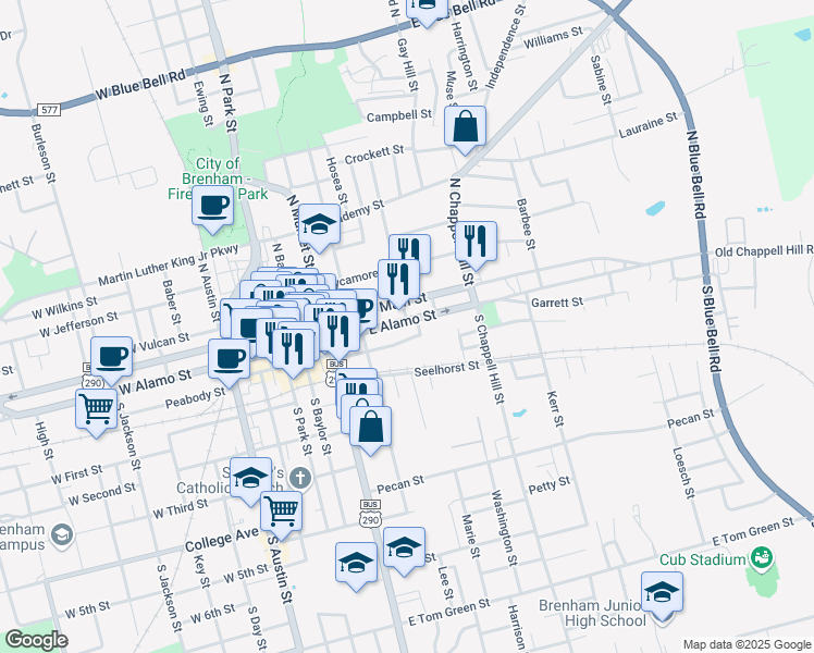 map of restaurants, bars, coffee shops, grocery stores, and more near 600 East Alamo Street in Brenham