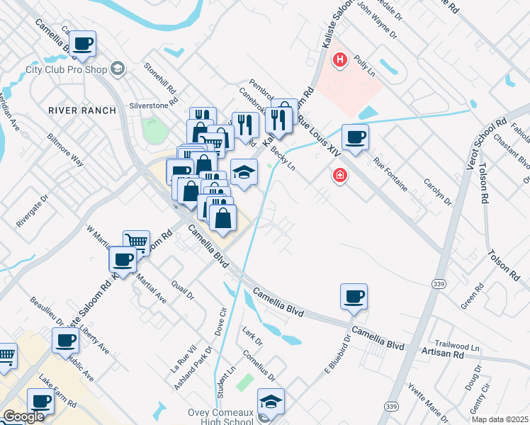 map of restaurants, bars, coffee shops, grocery stores, and more near 107a Williamsburg Circle in Lafayette