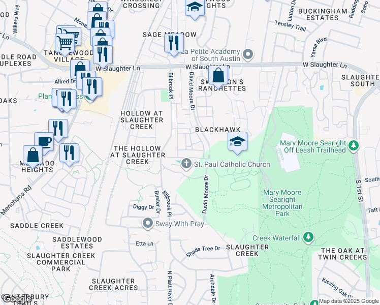 map of restaurants, bars, coffee shops, grocery stores, and more near 9900 David Moore Drive in Austin