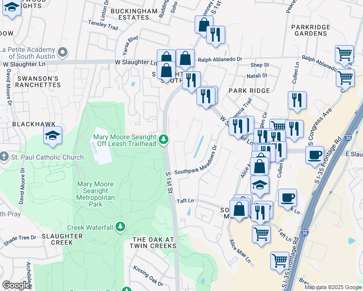 map of restaurants, bars, coffee shops, grocery stores, and more near 9404 Alex Lane in Austin