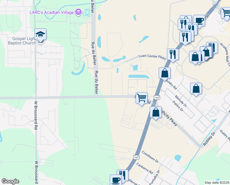 map of restaurants, bars, coffee shops, grocery stores, and more near 216 Duhon Road in Lafayette