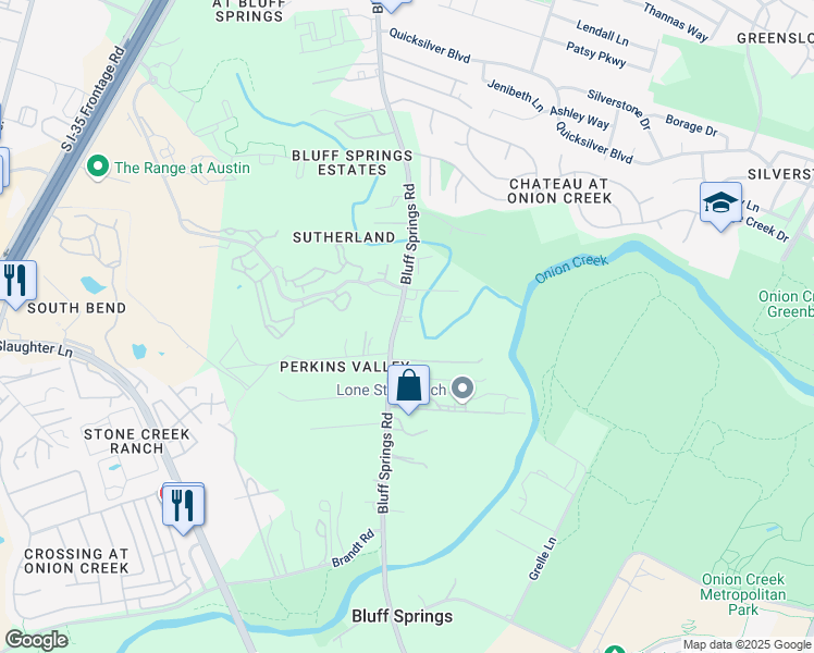 map of restaurants, bars, coffee shops, grocery stores, and more near 8401 Bluff Springs Road in Austin