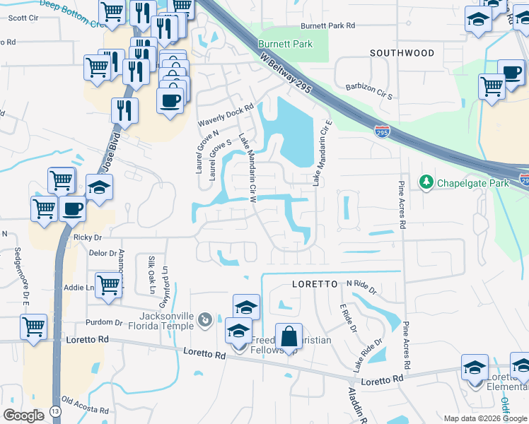 map of restaurants, bars, coffee shops, grocery stores, and more near 3433 Ricky Court in Jacksonville