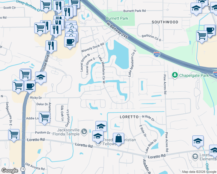 map of restaurants, bars, coffee shops, grocery stores, and more near 3433 Ricky Court in Jacksonville