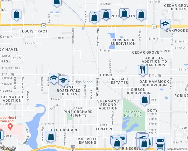 map of restaurants, bars, coffee shops, grocery stores, and more near 2007 East 11th Street in Panama City