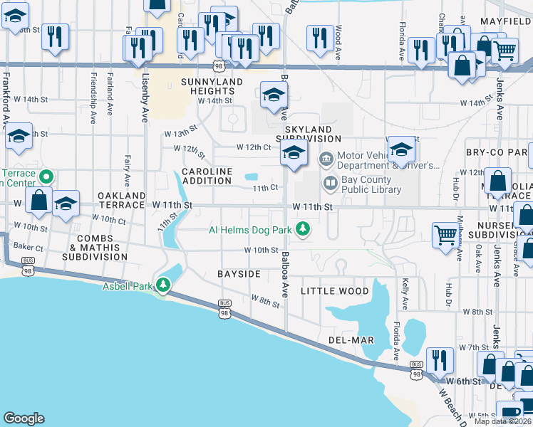 map of restaurants, bars, coffee shops, grocery stores, and more near 2 West 11th Street in Panama City