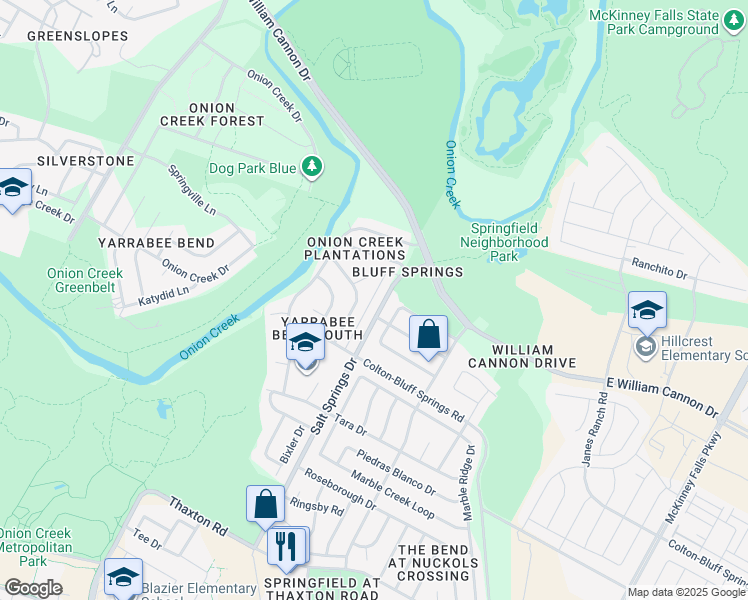 map of restaurants, bars, coffee shops, grocery stores, and more near 7217 Lake Charles Drive in Austin