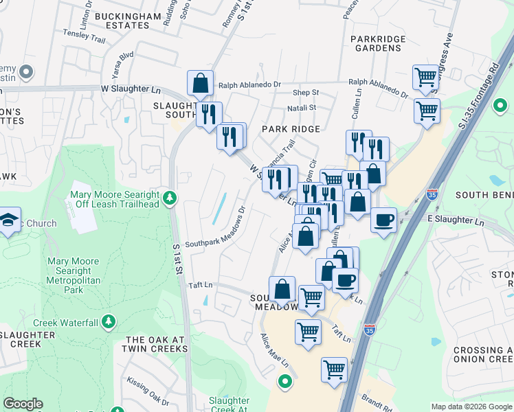 map of restaurants, bars, coffee shops, grocery stores, and more near 315 West Slaughter Lane in Austin