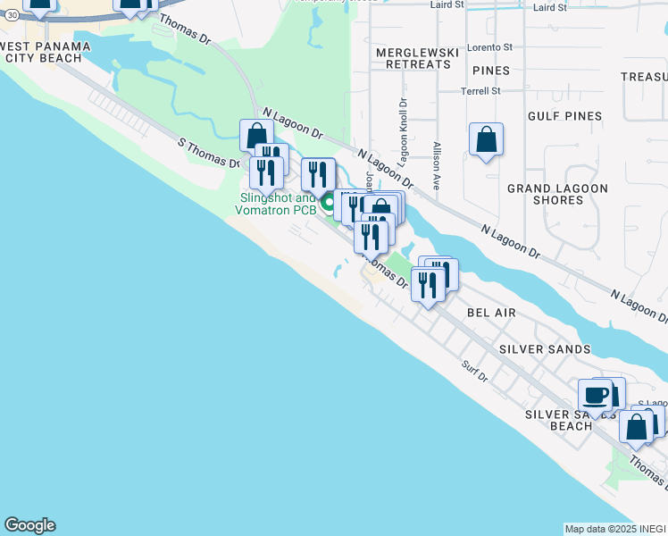 map of restaurants, bars, coffee shops, grocery stores, and more near 8727 Thomas Drive in Panama City Beach