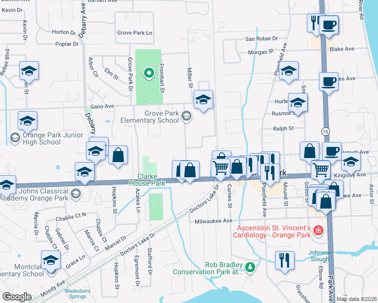 map of restaurants, bars, coffee shops, grocery stores, and more near 887 Filmore Lane in Orange Park