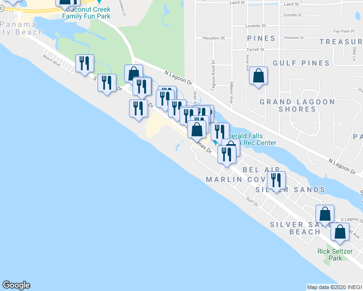 map of restaurants, bars, coffee shops, grocery stores, and more near 8727 Thomas Drive in Panama City