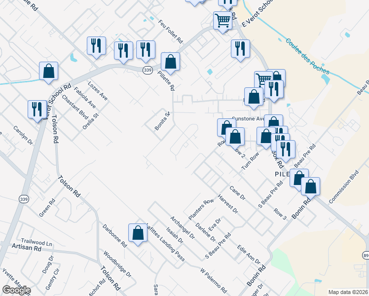 map of restaurants, bars, coffee shops, grocery stores, and more near 312 Vieux Orleans Circle in Lafayette