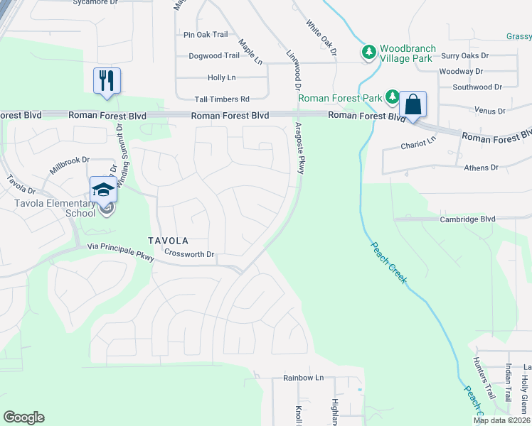 map of restaurants, bars, coffee shops, grocery stores, and more near 23803 Brenta Valley Drive in Roman Forest