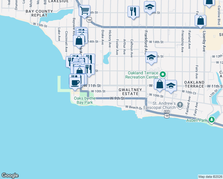 map of restaurants, bars, coffee shops, grocery stores, and more near 2409 West 11th Street in Panama City