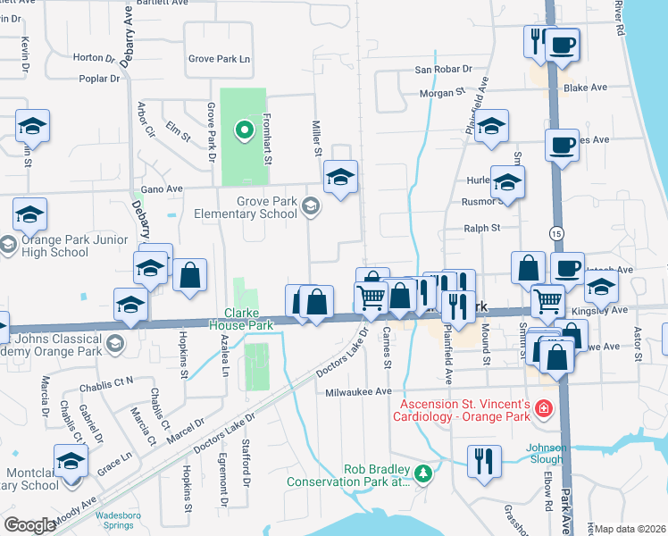 map of restaurants, bars, coffee shops, grocery stores, and more near 887 Filmore Lane in Orange Park