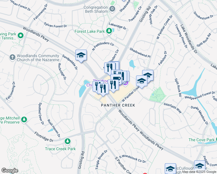 map of restaurants, bars, coffee shops, grocery stores, and more near 4640 Woodlands Parkway in Spring