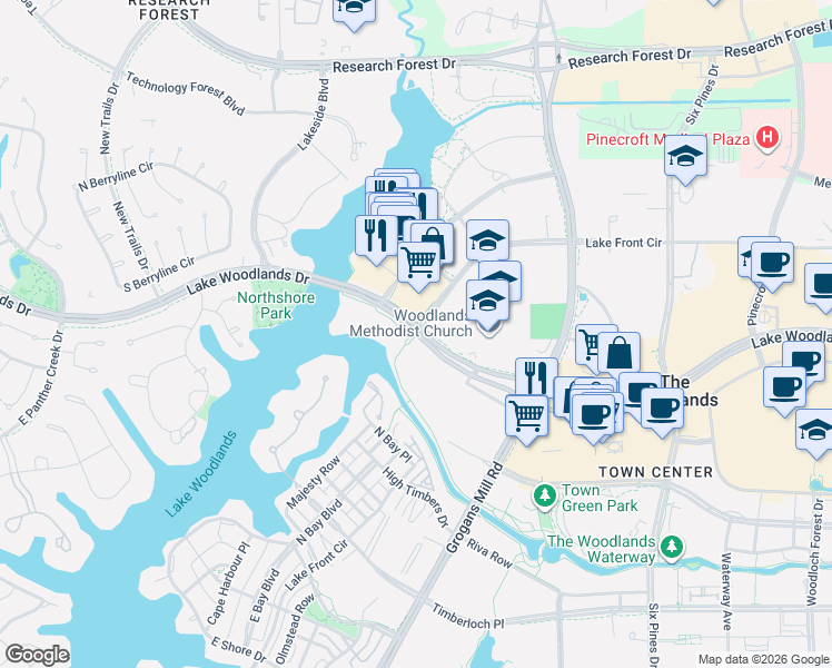 map of restaurants, bars, coffee shops, grocery stores, and more near 1915 Lake Front Circle in The Woodlands