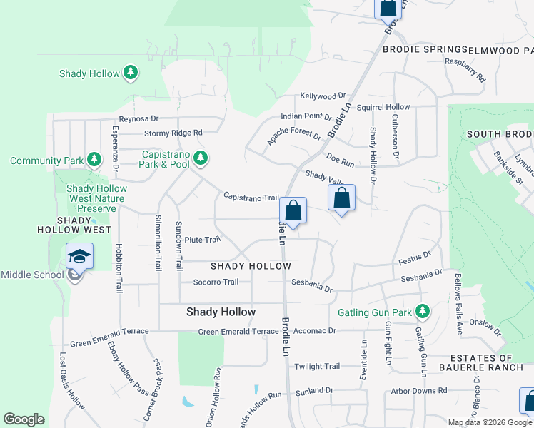 map of restaurants, bars, coffee shops, grocery stores, and more near 3607 Capistrano Trail in Austin