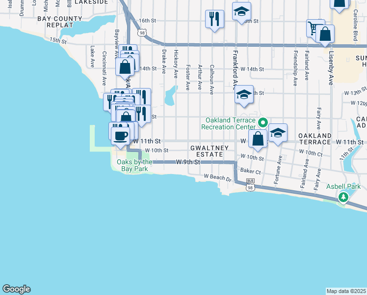 map of restaurants, bars, coffee shops, grocery stores, and more near 2502 West 10th Street in Panama City