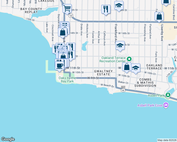 map of restaurants, bars, coffee shops, grocery stores, and more near 2506 West 10th Street in Panama City