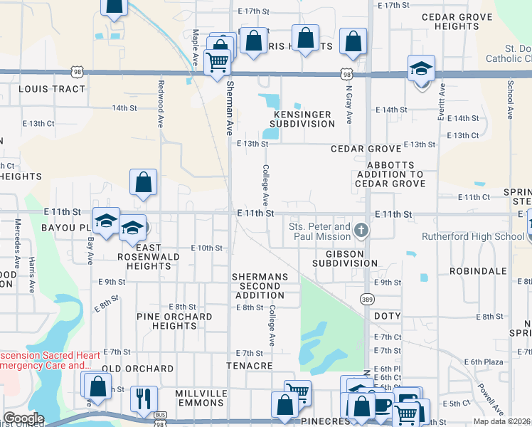 map of restaurants, bars, coffee shops, grocery stores, and more near 2100 East 11th Street in Panama City
