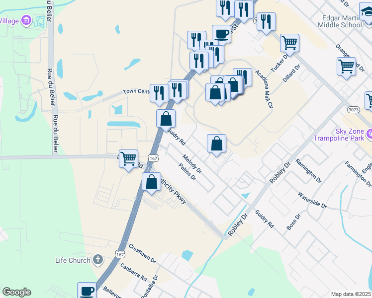 map of restaurants, bars, coffee shops, grocery stores, and more near 218 Guidry Road in Lafayette