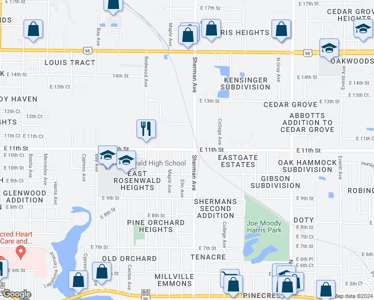 map of restaurants, bars, coffee shops, grocery stores, and more near 1938 East 11th Street in Panama City