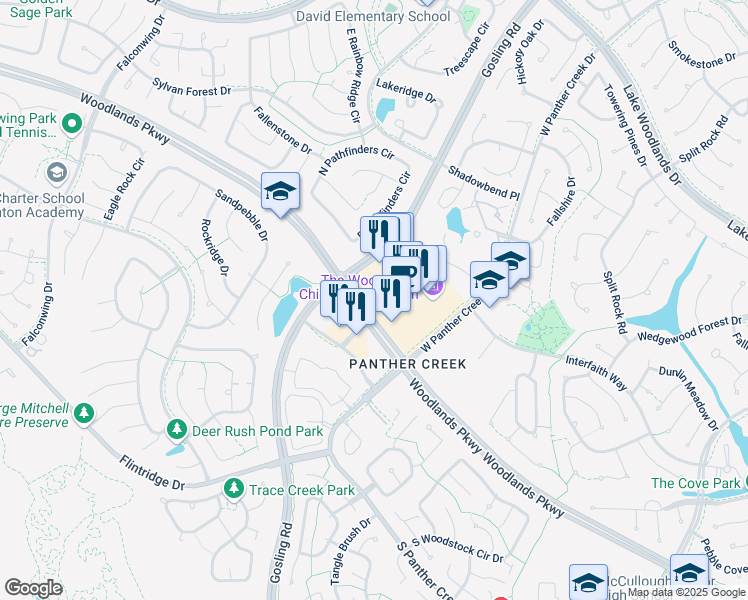map of restaurants, bars, coffee shops, grocery stores, and more near 4640 Woodlands Parkway in Spring