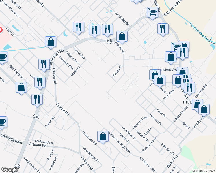map of restaurants, bars, coffee shops, grocery stores, and more near 302 Dolphin Street in Lafayette