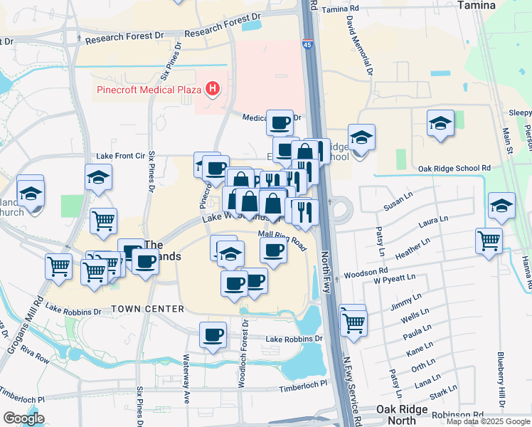 map of restaurants, bars, coffee shops, grocery stores, and more near 1131 Lake Woodlands Drive in The Woodlands