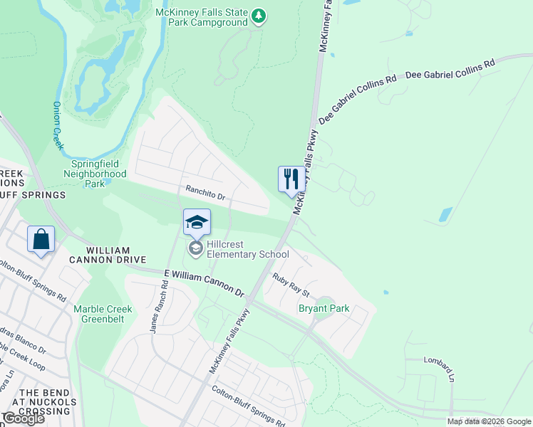 map of restaurants, bars, coffee shops, grocery stores, and more near 7225 Ranchito Drive in Austin
