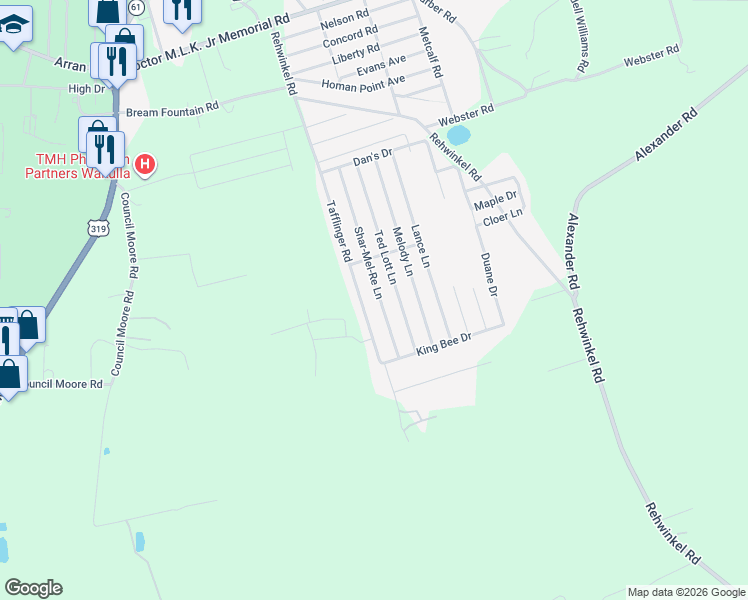 map of restaurants, bars, coffee shops, grocery stores, and more near 118 Shar-Mel-Re Lane in Crawfordville