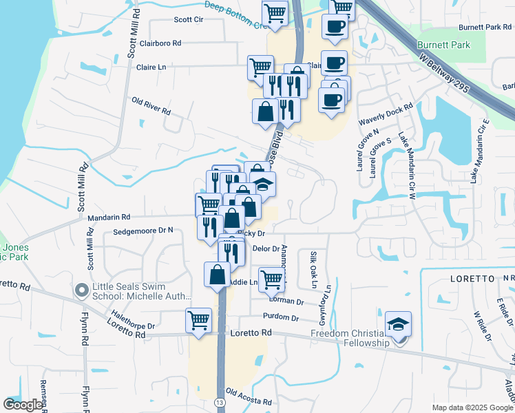 map of restaurants, bars, coffee shops, grocery stores, and more near 11363 San Jose Boulevard in Jacksonville