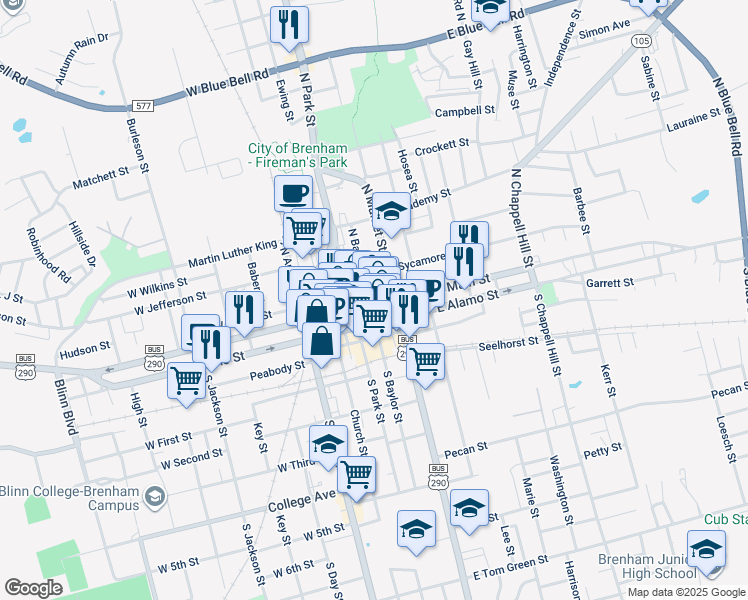 map of restaurants, bars, coffee shops, grocery stores, and more near 201 E Main St in Brenham