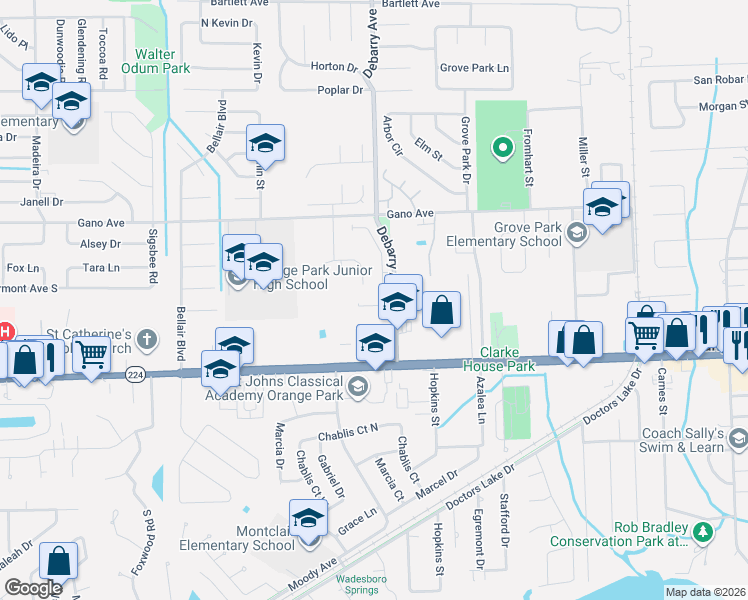 map of restaurants, bars, coffee shops, grocery stores, and more near 1574 Slash Pine Court in Orange Park