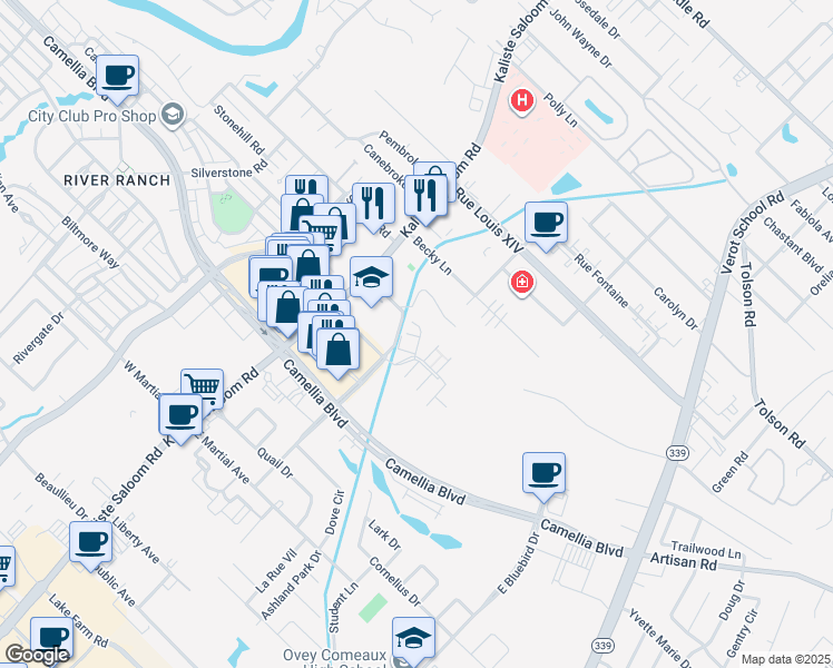 map of restaurants, bars, coffee shops, grocery stores, and more near 107a Williamsburg Circle in Lafayette