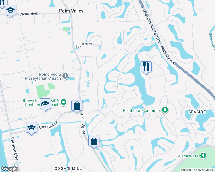 map of restaurants, bars, coffee shops, grocery stores, and more near 112 Carriage Court in Ponte Vedra Beach