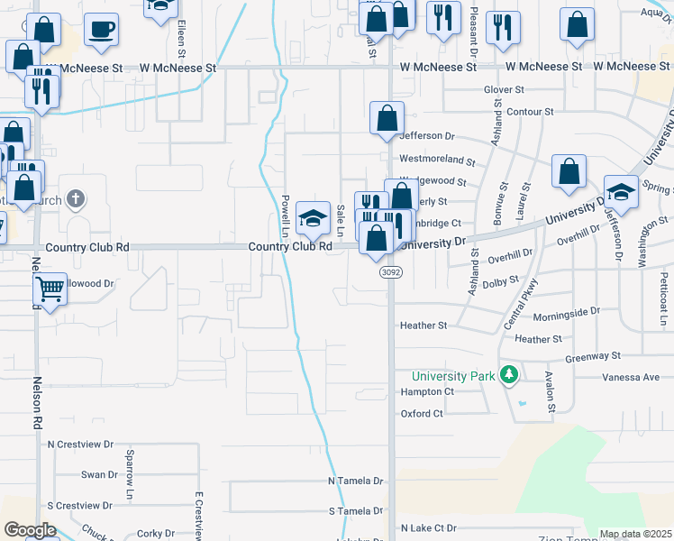 map of restaurants, bars, coffee shops, grocery stores, and more near 1001 Country Club Road in Lake Charles